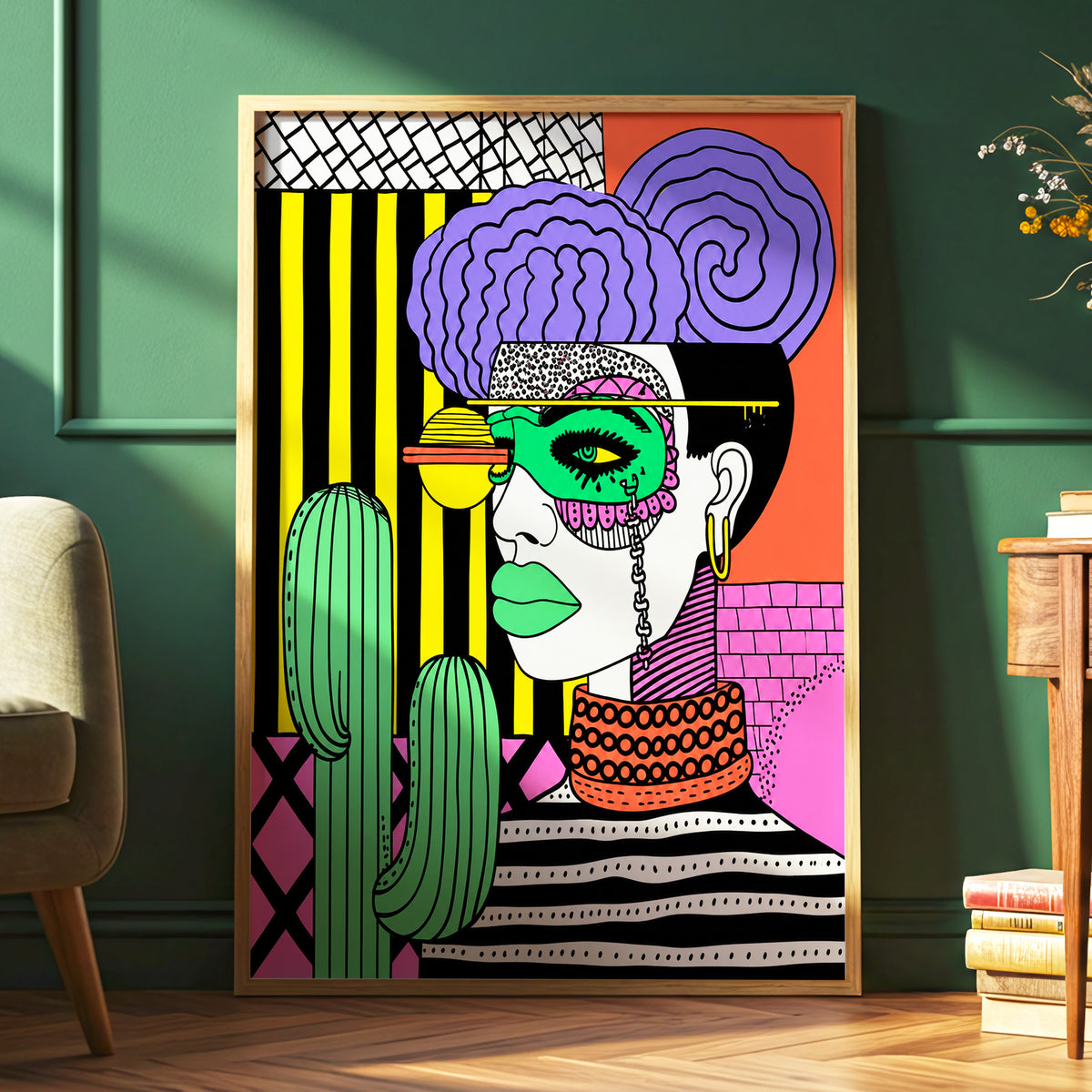 Neon Desert Muse, black, green, pink abstract wall art displayed in a styled interior, gallery view 6