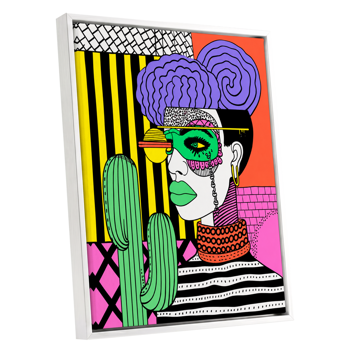 Neon Desert Muse, black, green, pink abstract wall art shown as a white framed canvas wall art