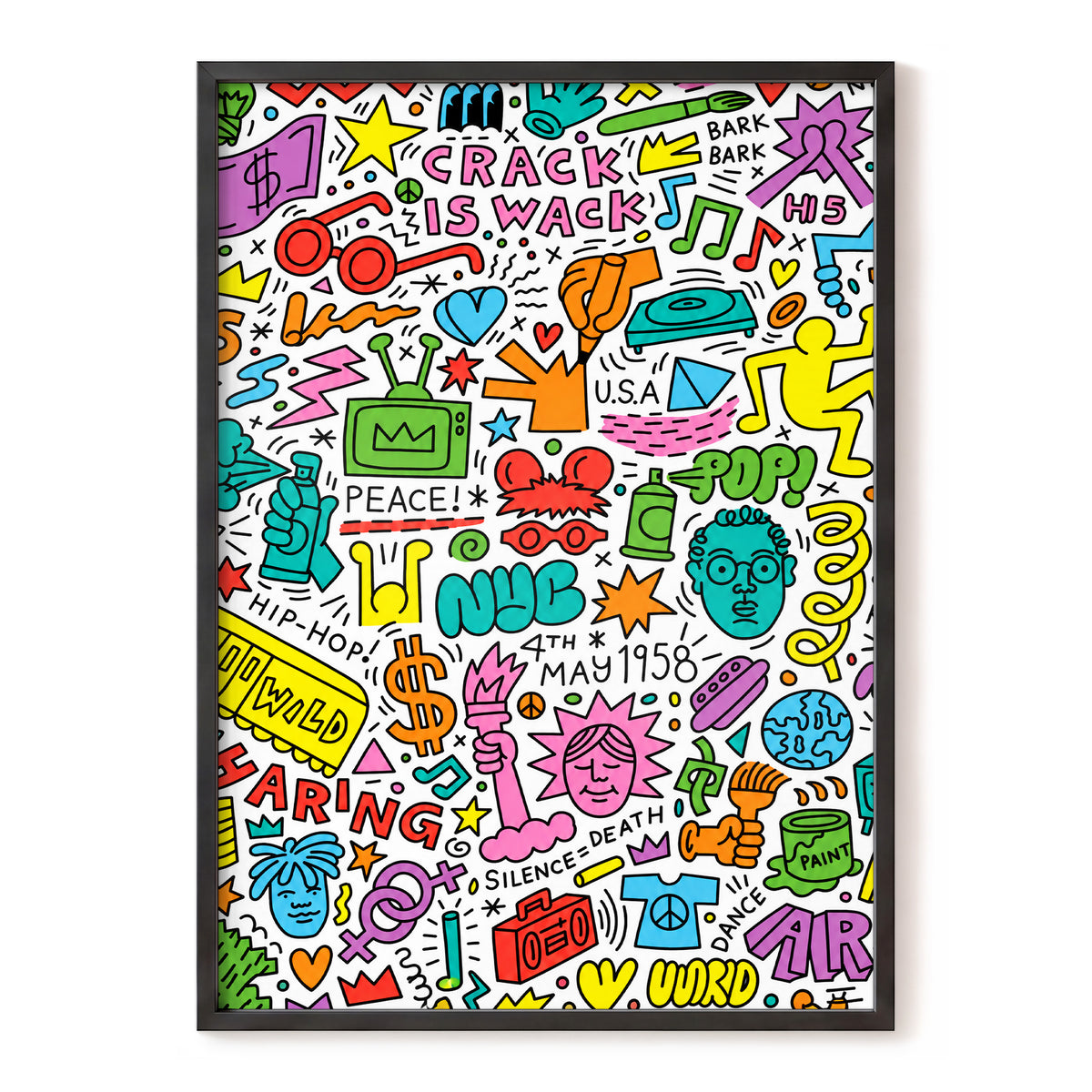 Neon Doodle Riot, multicolor, black, white abstract wall art, front artwork view