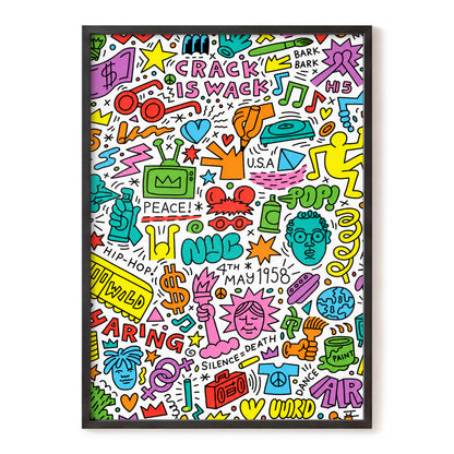 Neon Doodle Riot, multicolor, black, white abstract wall art, front artwork view