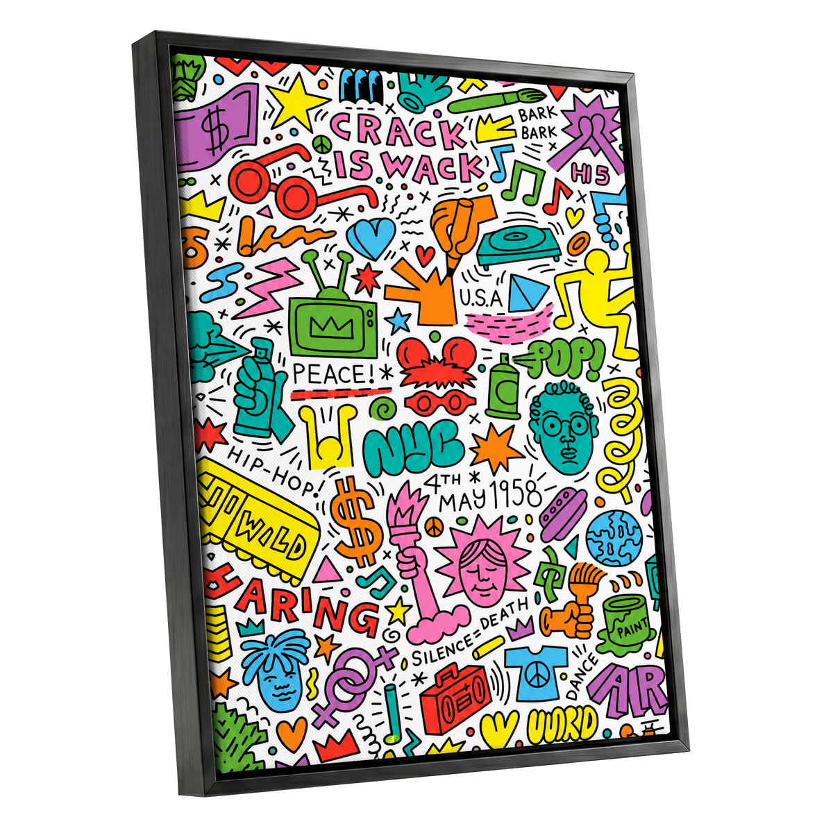 Neon Doodle Riot, multicolor, black, white abstract wall art shown as a black framed canvas wall art