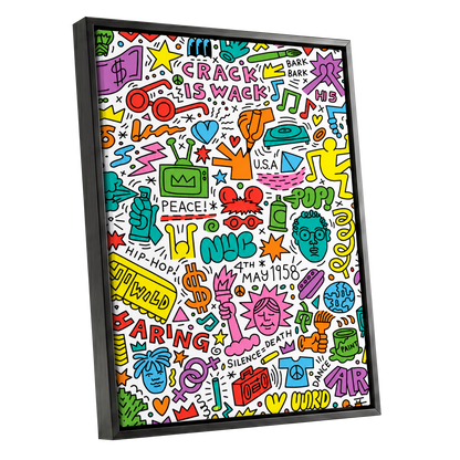 Neon Doodle Riot, multicolor, black, white abstract wall art shown as a black framed canvas wall art