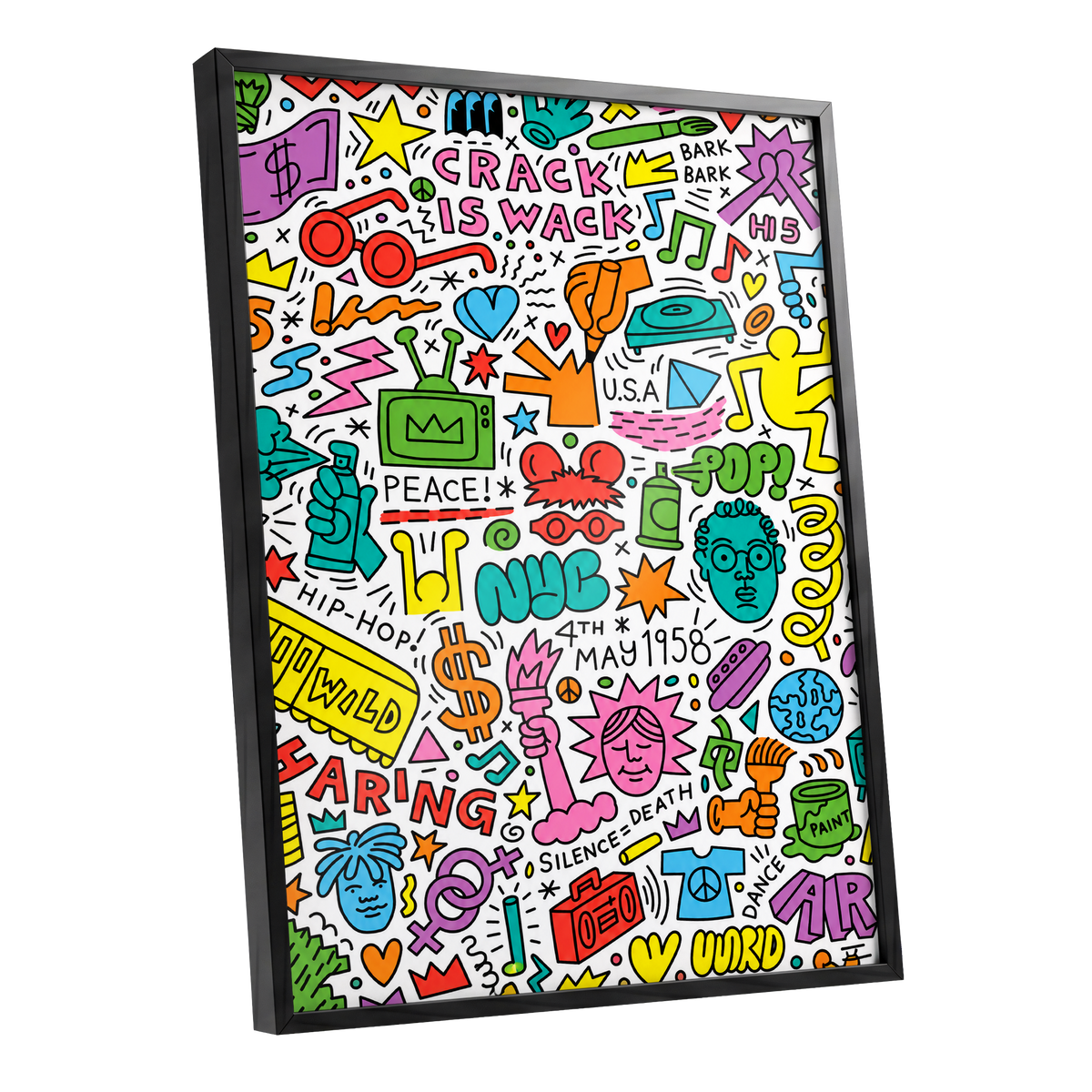 Neon Doodle Riot, multicolor, black, white abstract wall art shown as a black framed poster wall art print