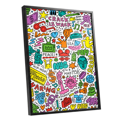 Neon Doodle Riot, multicolor, black, white abstract wall art shown as a black framed poster wall art print