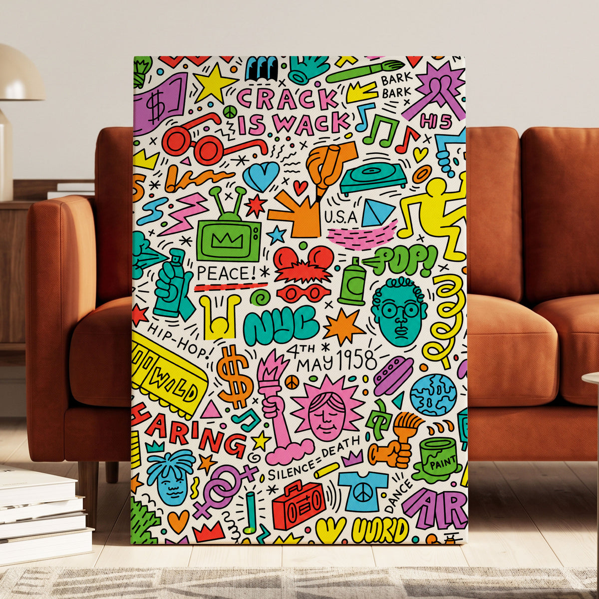 Neon Doodle Riot, multicolor, black, white abstract wall art on canvas displayed in a styled interior, gallery view 1