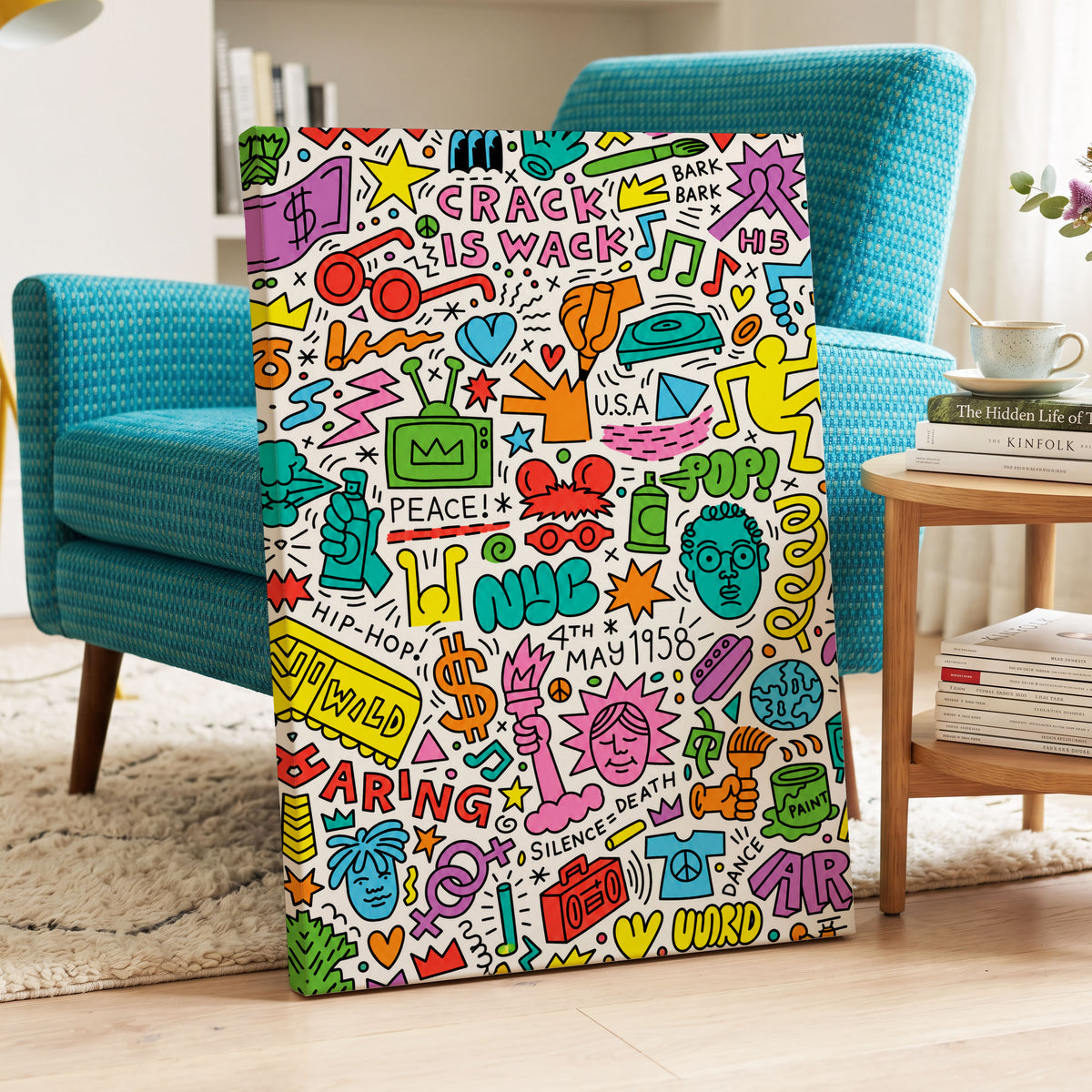 Neon Doodle Riot, multicolor, black, white abstract wall art on canvas displayed in a styled interior, gallery view 2