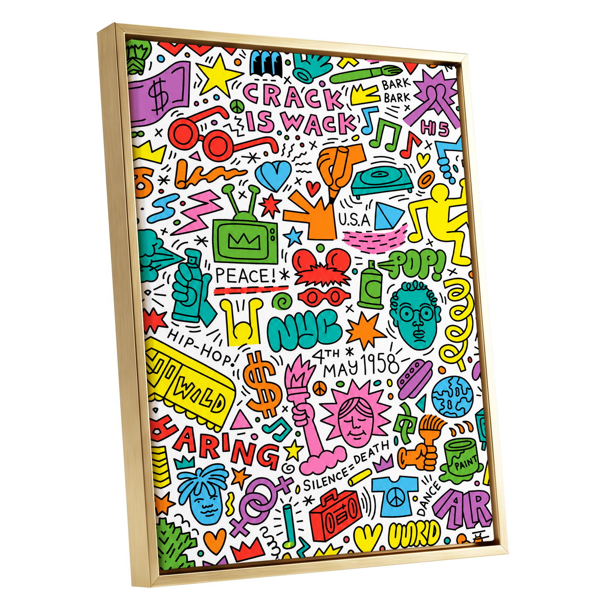 Neon Doodle Riot, multicolor, black, white abstract wall art shown as a gold framed canvas wall art