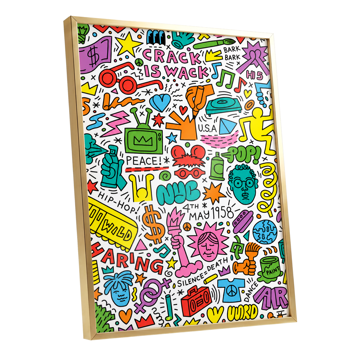 Neon Doodle Riot, multicolor, black, white abstract wall art shown as a gold framed poster wall art print