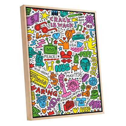 Neon Doodle Riot, multicolor, black, white abstract wall art shown as a oak framed canvas wall art