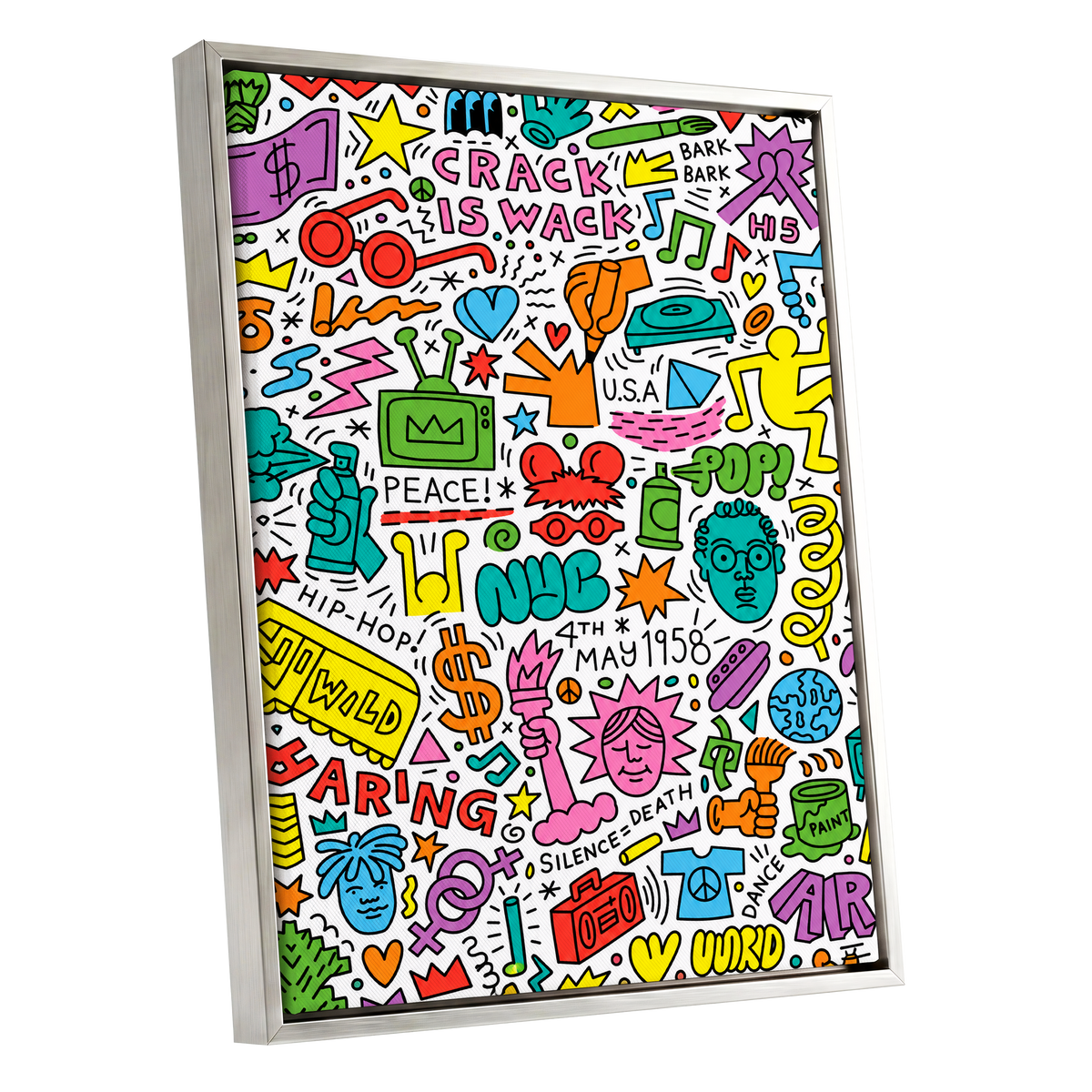 Neon Doodle Riot, multicolor, black, white abstract wall art shown as a silver framed canvas wall art