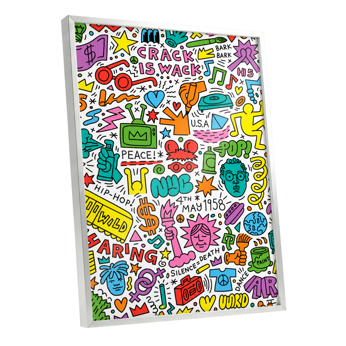 Neon Doodle Riot, multicolor, black, white abstract wall art shown as a silver framed poster wall art print