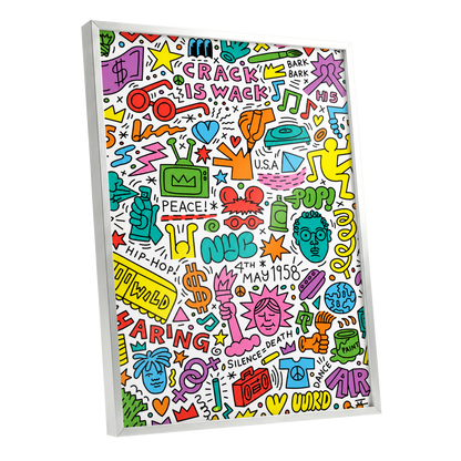 Neon Doodle Riot, multicolor, black, white abstract wall art shown as a silver framed poster wall art print
