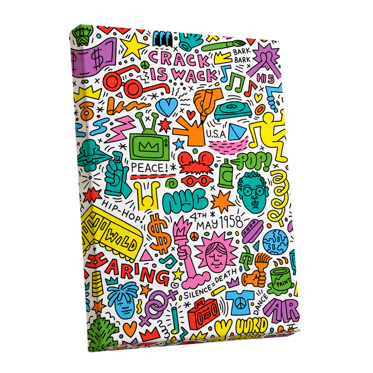 Neon Doodle Riot, multicolor, black, white abstract wall art shown as a stretched canvas wall art