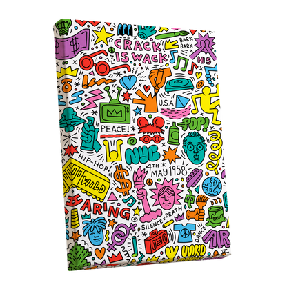 Neon Doodle Riot, multicolor, black, white abstract wall art shown as a stretched canvas wall art