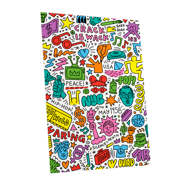 Neon Doodle Riot, multicolor, black, white abstract wall art shown as a unframed poster wall art print