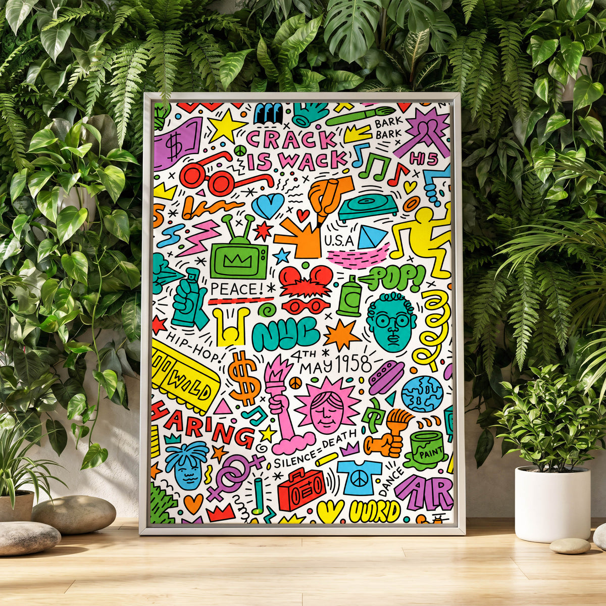 Neon Doodle Riot, multicolor, black, white abstract wall art displayed in a styled interior, gallery view 2
