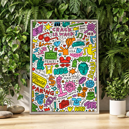 Neon Doodle Riot, multicolor, black, white abstract wall art displayed in a styled interior, gallery view 2