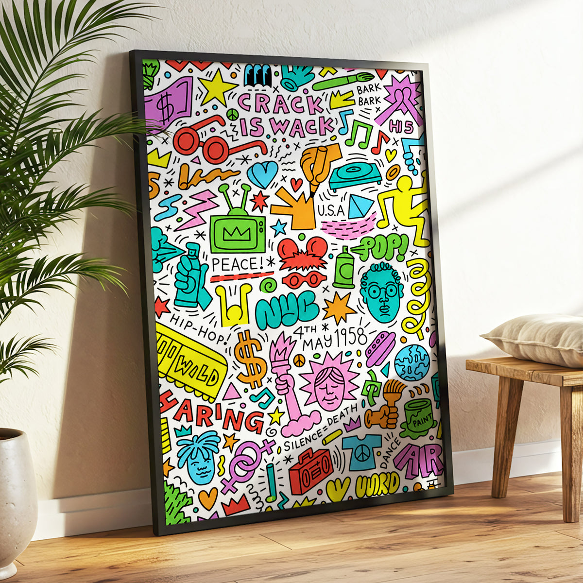 Neon Doodle Riot, multicolor, black, white abstract wall art displayed in a styled interior, gallery view 3