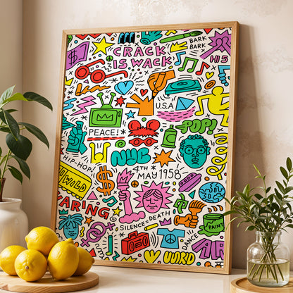 Neon Doodle Riot, multicolor, black, white abstract wall art displayed in a styled interior, gallery view 4