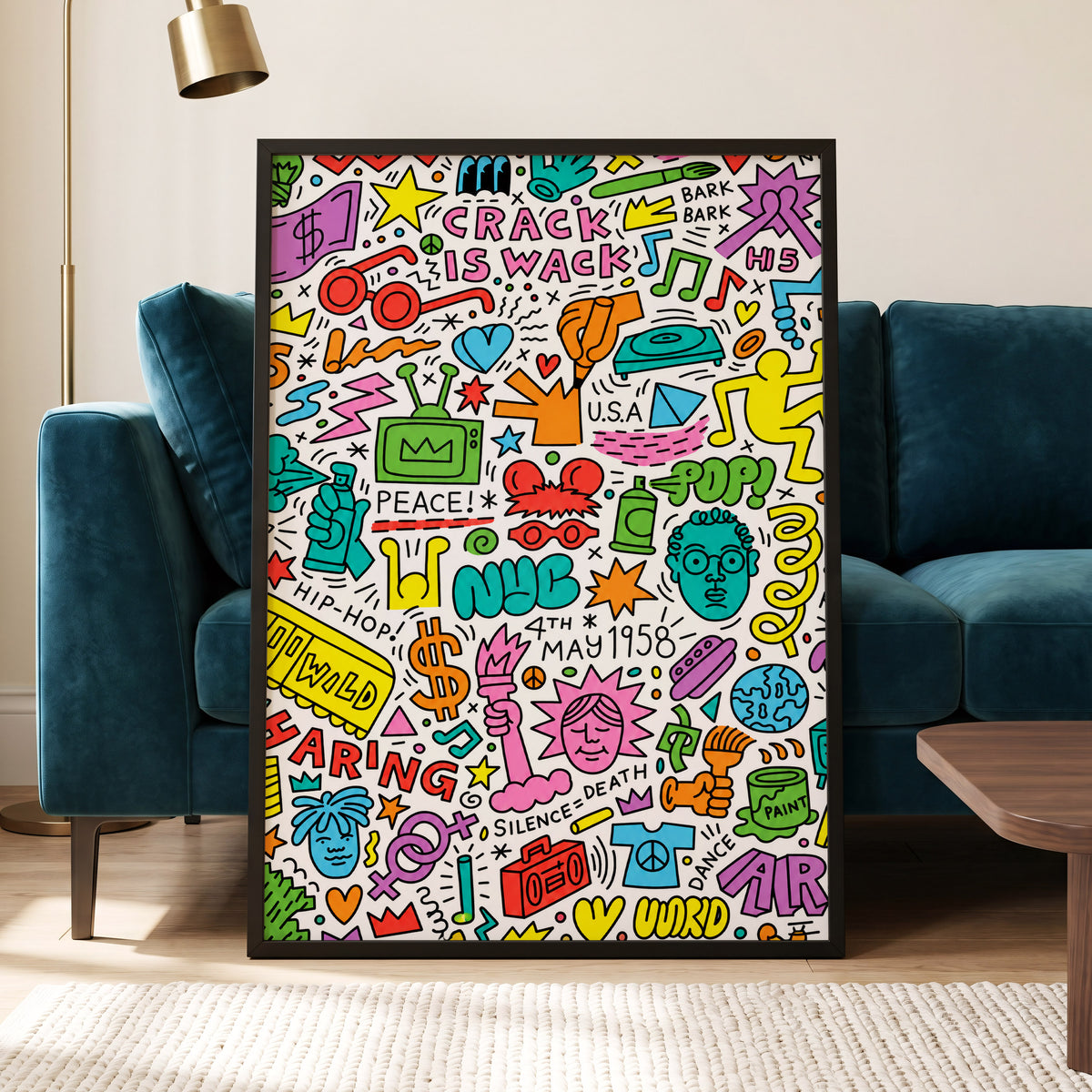 Neon Doodle Riot, multicolor, black, white abstract wall art displayed in a styled interior, gallery view 5