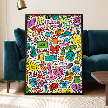 Neon Doodle Riot, multicolor, black, white abstract wall art displayed in a styled interior, gallery view 5