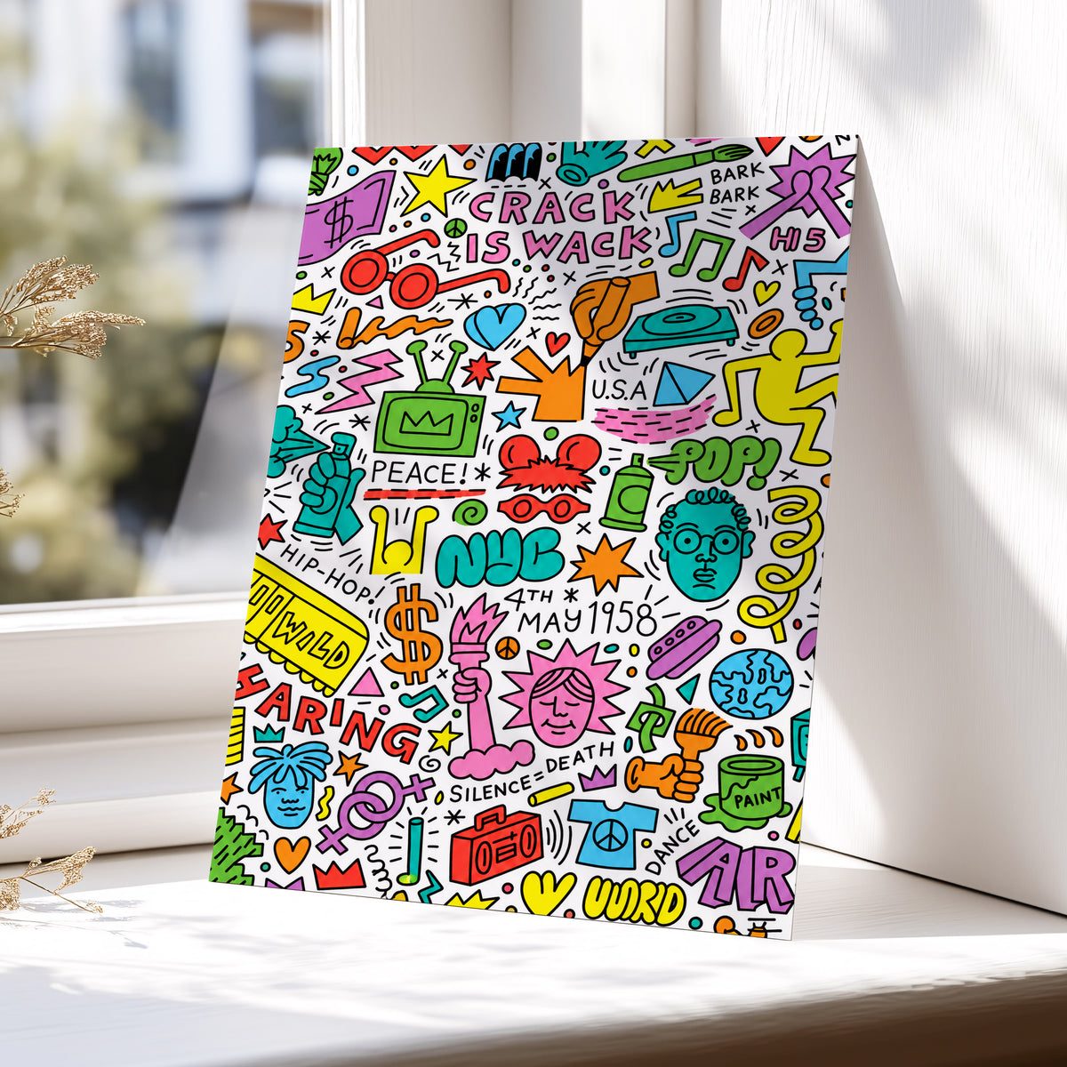 Neon Doodle Riot, multicolor, black, white abstract wall art displayed in a styled interior, gallery view 6