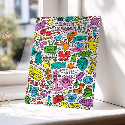 Neon Doodle Riot, multicolor, black, white abstract wall art displayed in a styled interior, gallery view 6
