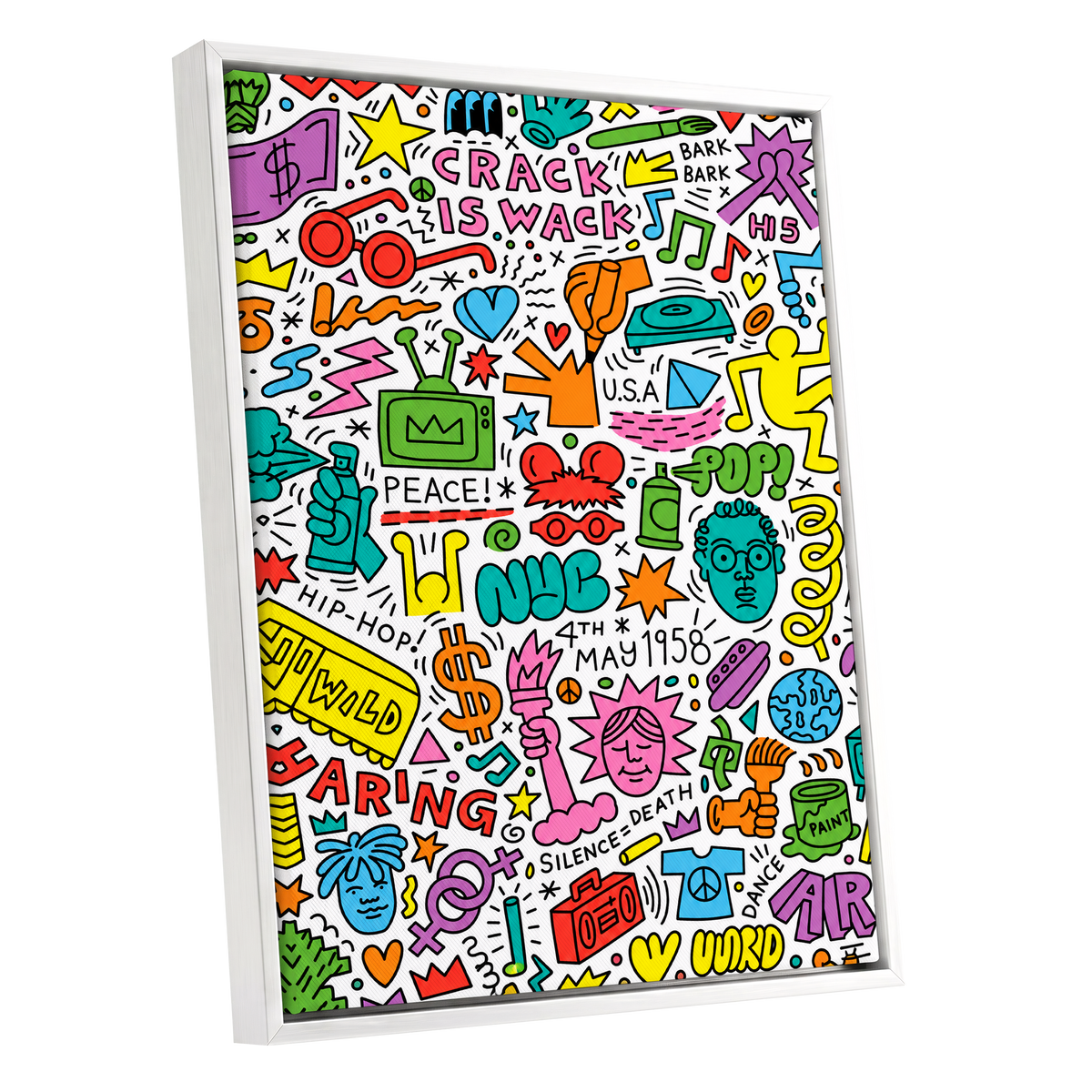 Neon Doodle Riot, multicolor, black, white abstract wall art shown as a white framed canvas wall art