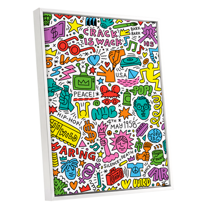 Neon Doodle Riot, multicolor, black, white abstract wall art shown as a white framed canvas wall art