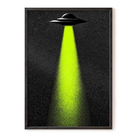 Neon Encounter, black, green, white minimalist wall art, front artwork view