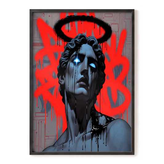 Neon Fallen Icon, red, black, gray abstract wall art, front artwork view