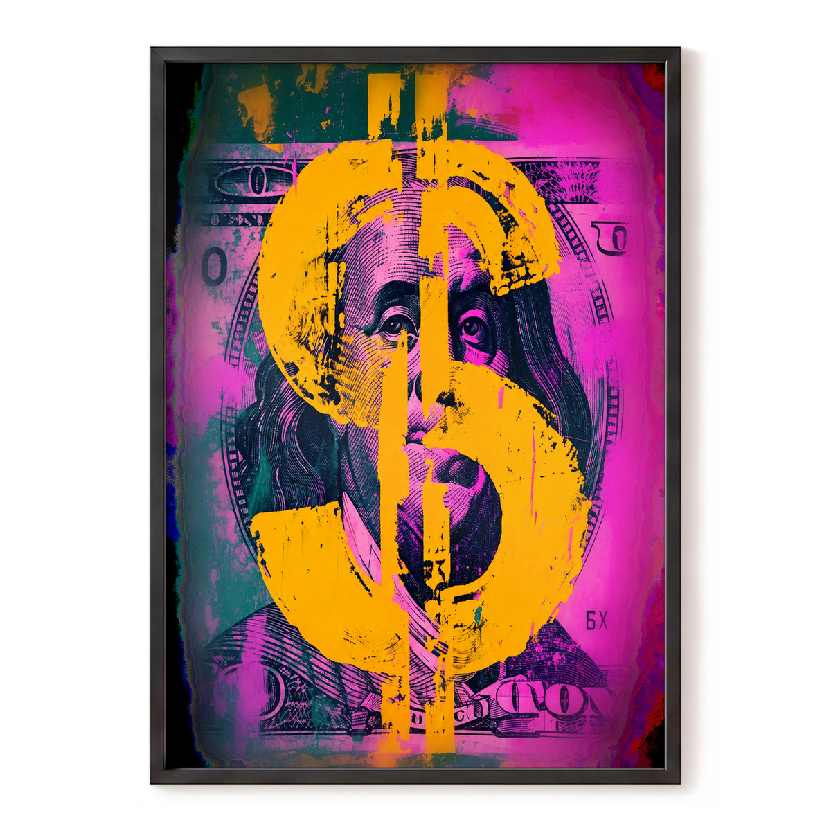 Neon Fortune, black, pink, gold abstract wall art, front artwork view