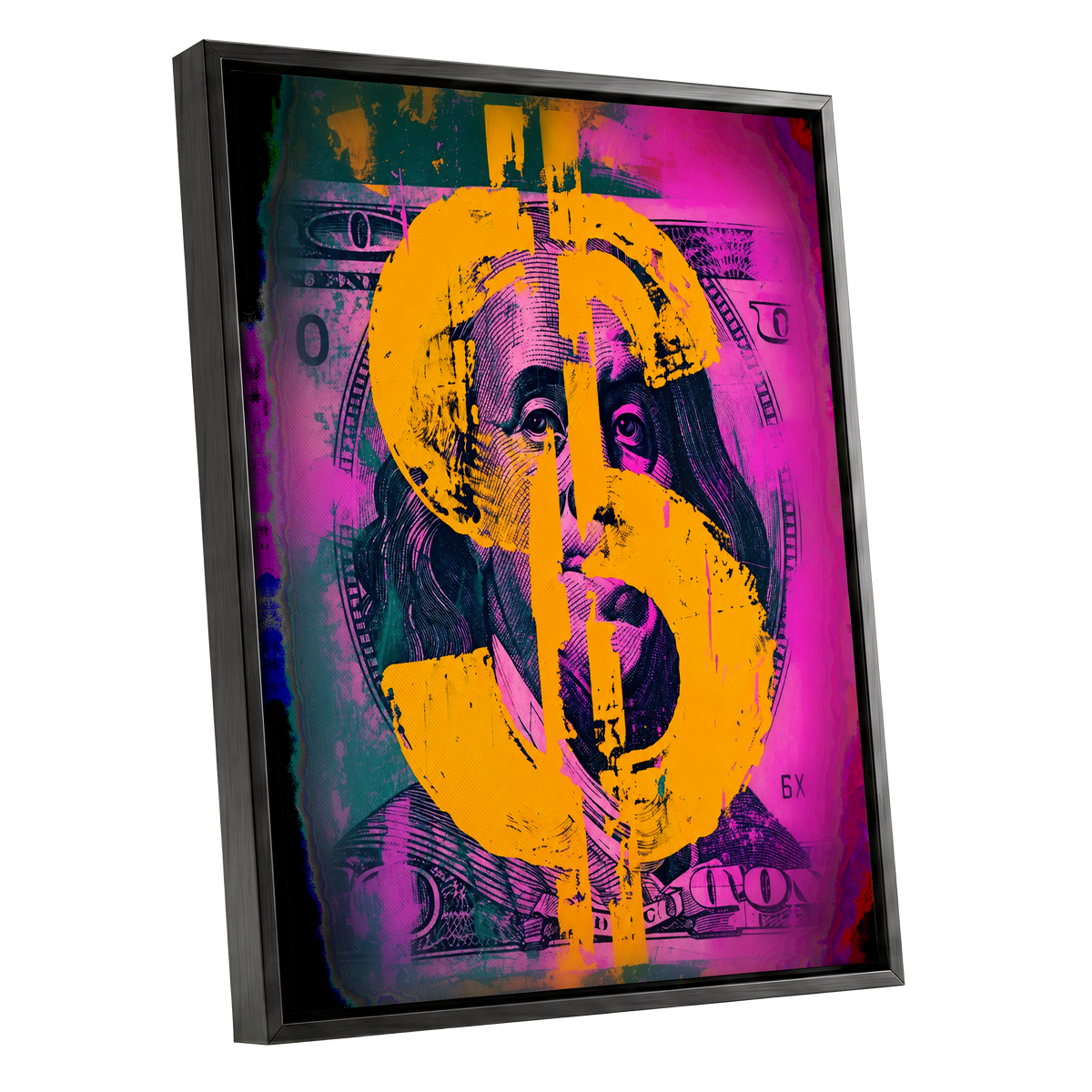 Neon Fortune, black, pink, gold abstract wall art shown as a black framed canvas wall art