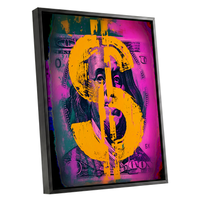 Neon Fortune, black, pink, gold abstract wall art shown as a black framed canvas wall art