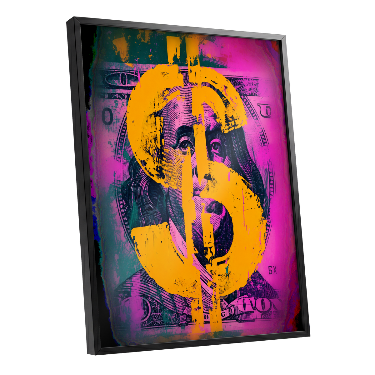 Neon Fortune, black, pink, gold abstract wall art shown as a black framed poster wall art print