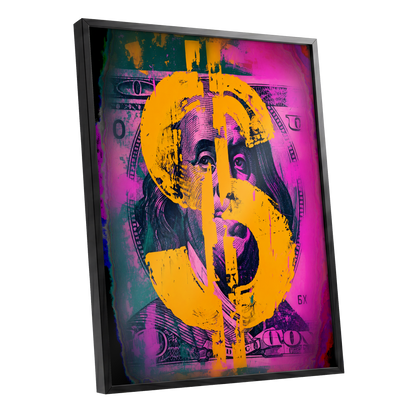 Neon Fortune, black, pink, gold abstract wall art shown as a black framed poster wall art print