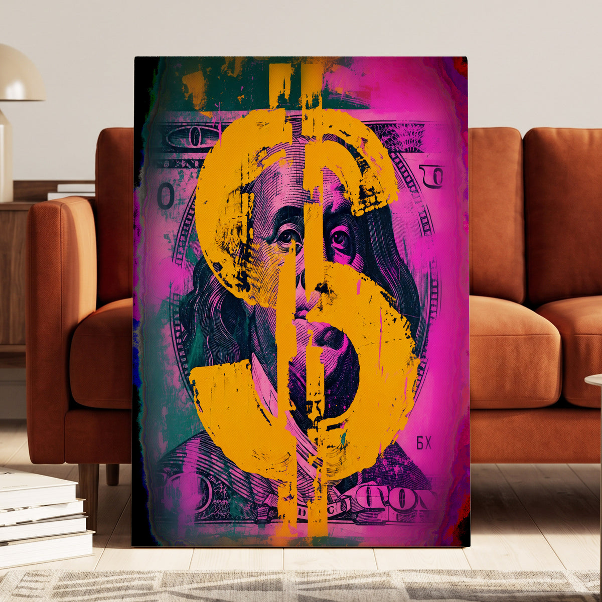 Neon Fortune, black, pink, gold abstract wall art on canvas displayed in a styled interior, gallery view 1