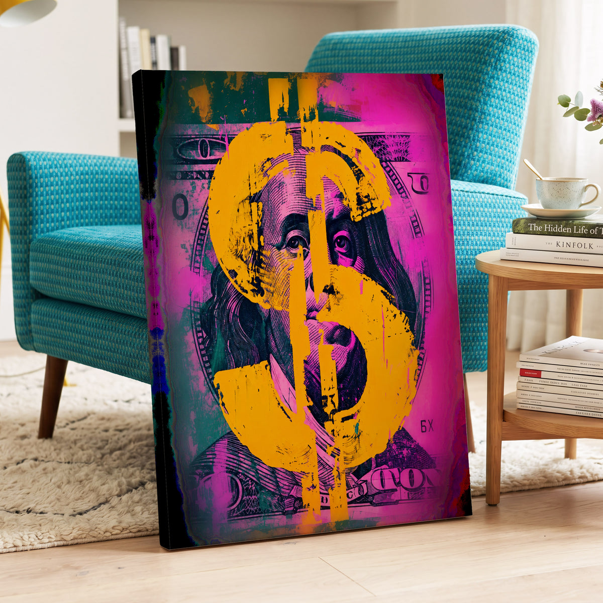 Neon Fortune, black, pink, gold abstract wall art on canvas displayed in a styled interior, gallery view 2