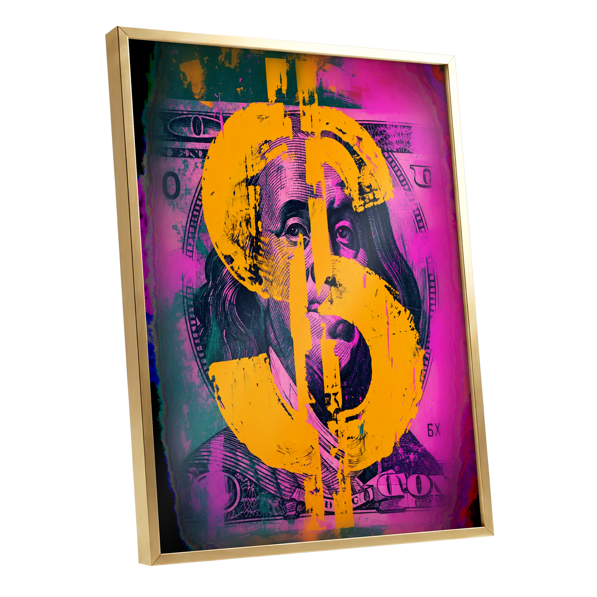 Neon Fortune, black, pink, gold abstract wall art shown as a gold framed poster wall art print