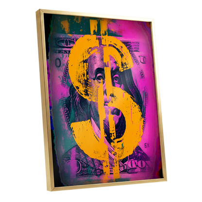 Neon Fortune, black, pink, gold abstract wall art shown as a gold framed poster wall art print