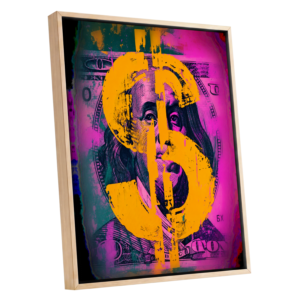 Neon Fortune, black, pink, gold abstract wall art shown as a oak framed canvas wall art