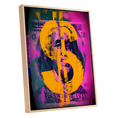 Neon Fortune, black, pink, gold abstract wall art shown as a oak framed canvas wall art