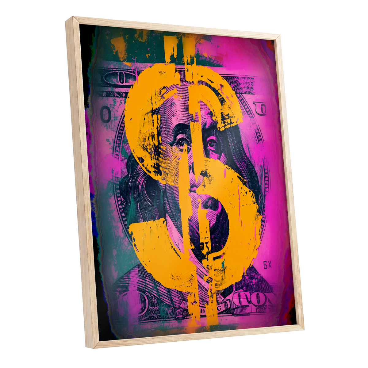Neon Fortune, black, pink, gold abstract wall art shown as a oak framed poster wall art print
