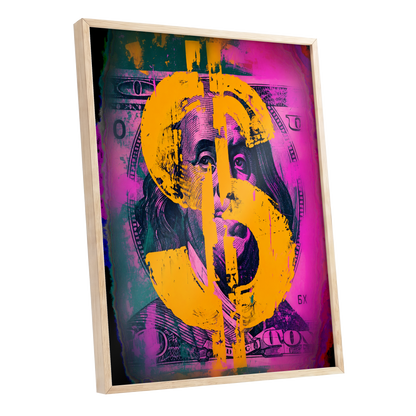 Neon Fortune, black, pink, gold abstract wall art shown as a oak framed poster wall art print