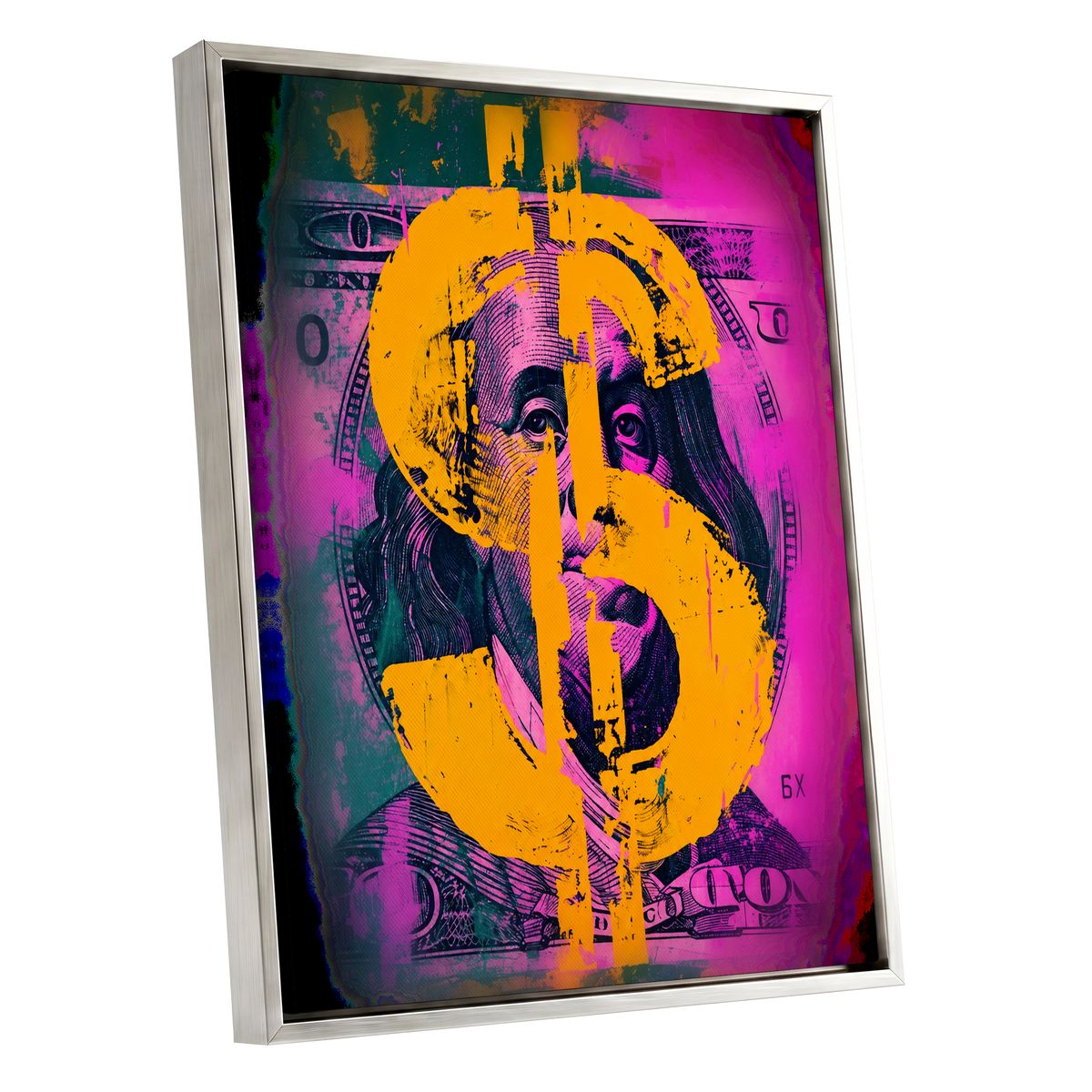 Neon Fortune, black, pink, gold abstract wall art shown as a silver framed canvas wall art