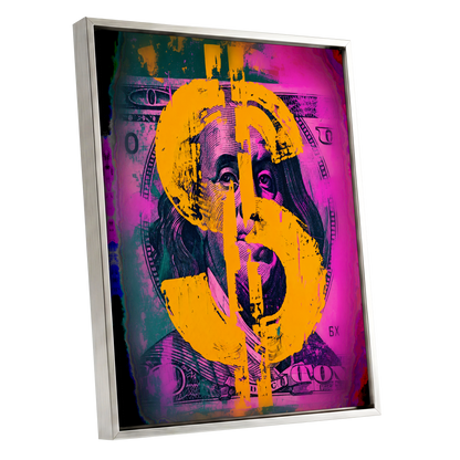 Neon Fortune, black, pink, gold abstract wall art shown as a silver framed canvas wall art