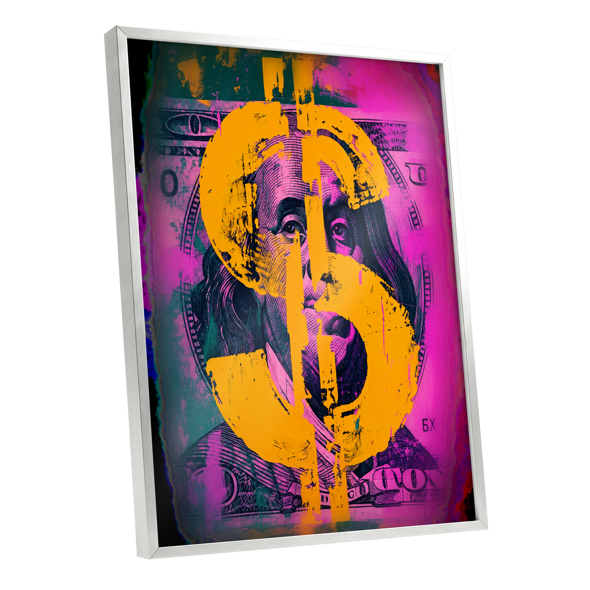 Neon Fortune, black, pink, gold abstract wall art shown as a silver framed poster wall art print