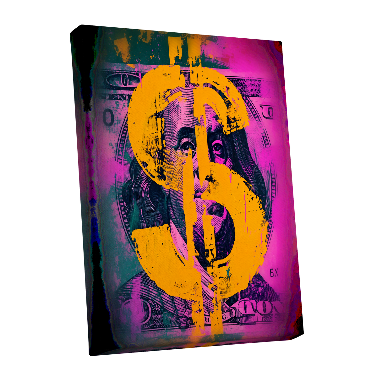 Neon Fortune, black, pink, gold abstract wall art shown as a stretched canvas wall art