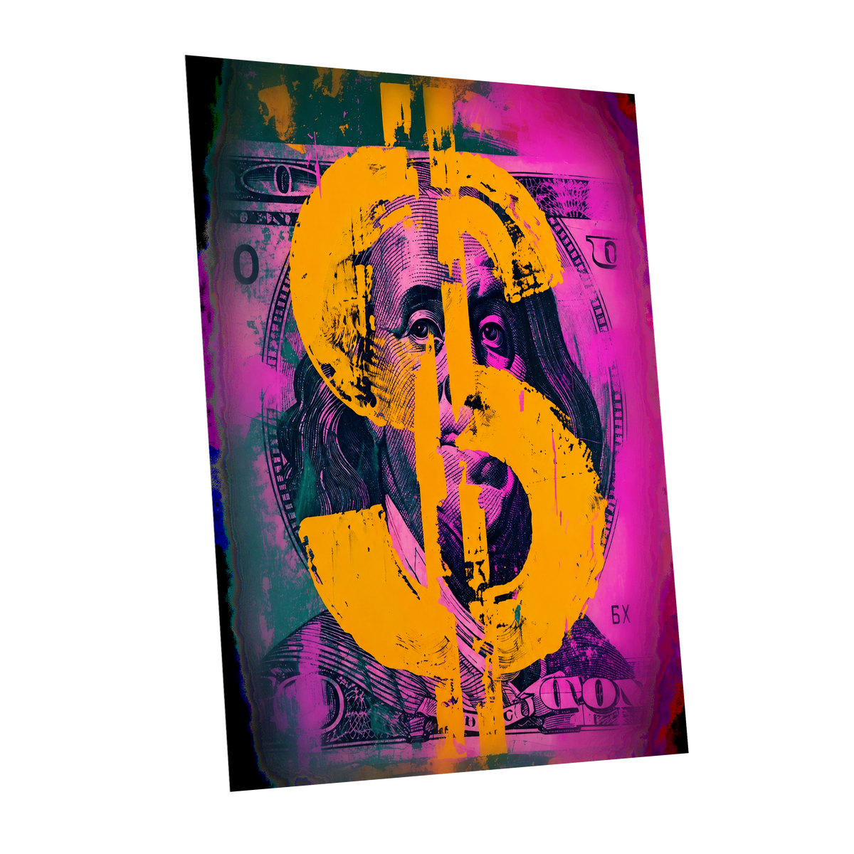 Neon Fortune, black, pink, gold abstract wall art shown as a unframed poster wall art print