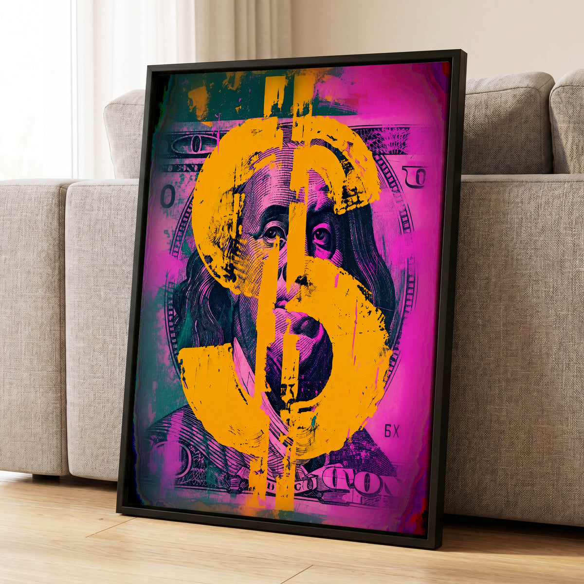 Neon Fortune, black, pink, gold abstract wall art displayed in a styled interior, gallery view 1